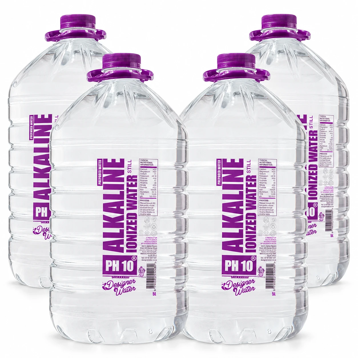 Designer Water pH10 case contents: four 5L bottles