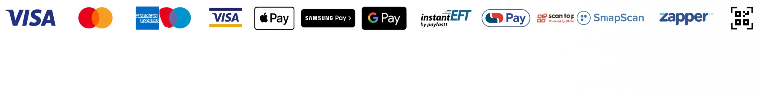 Accepted: Visa, Mastercard, Amex, Apple Pay, Samsung Pay, Google Pay, Instant EFT, SnapScan, Zapper, Scan to Pay
