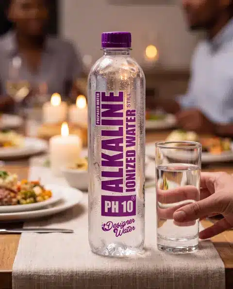 Designer Water pH10 on a table set for dinner