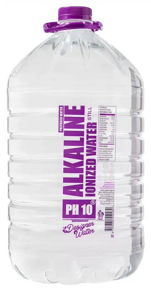 A 5 litre Designer Water pH10 bottle. The case contains four bottles.