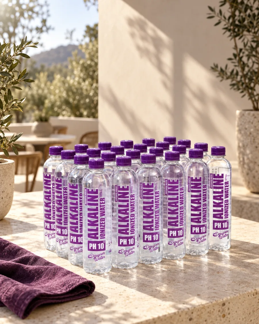 Designer Water purple-cap cases on a sunlit stone terrace, campaign artwork